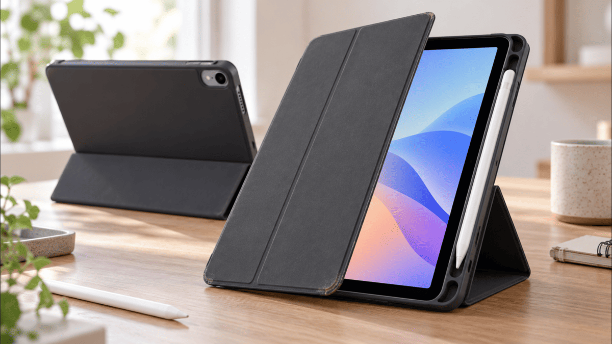 ESRのiPad Air用三つ折りケースをスタンドとして使用した様子。Apple Pencil収納部と長期使用による角の擦れが分かる