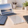 旧型iPad Air第1・第2世代向けのケースをイメージした三つ折りカバー、透明ソフトケース、黒い保護ケースの比較画像