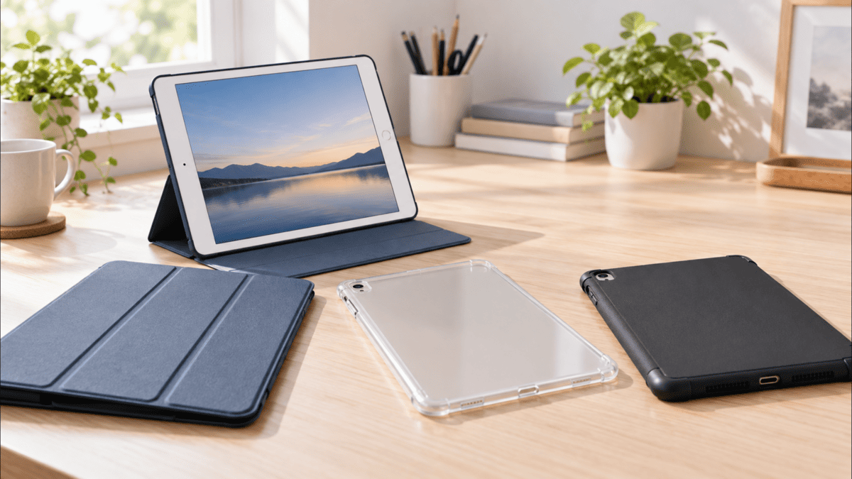 旧型iPad Air第1・第2世代向けのケースをイメージした三つ折りカバー、透明ソフトケース、黒い保護ケースの比較画像
