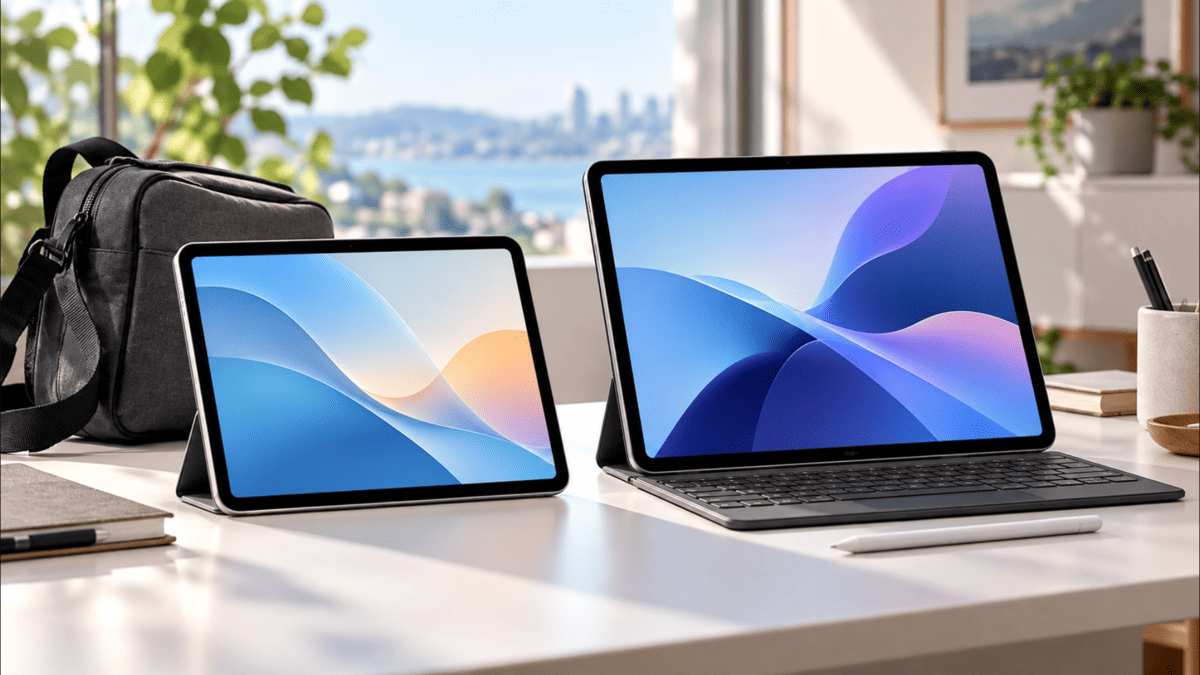 iPad Air 11インチと13インチのサイズ差をイメージした2台のタブレット比較