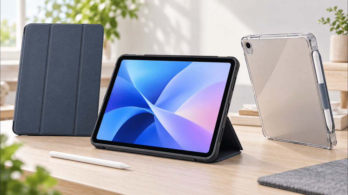 iPad Air 11インチ向けのフォリオケース・スタンドケース・ペン収納付きクリアケースを比較したイメージ