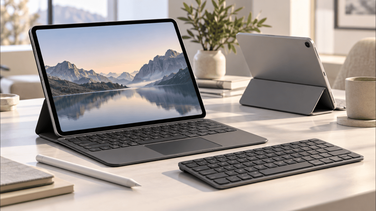 13インチiPad Air用キーボードケースとトラックパッド付きケース、外付けキーボードを比較したデスク環境