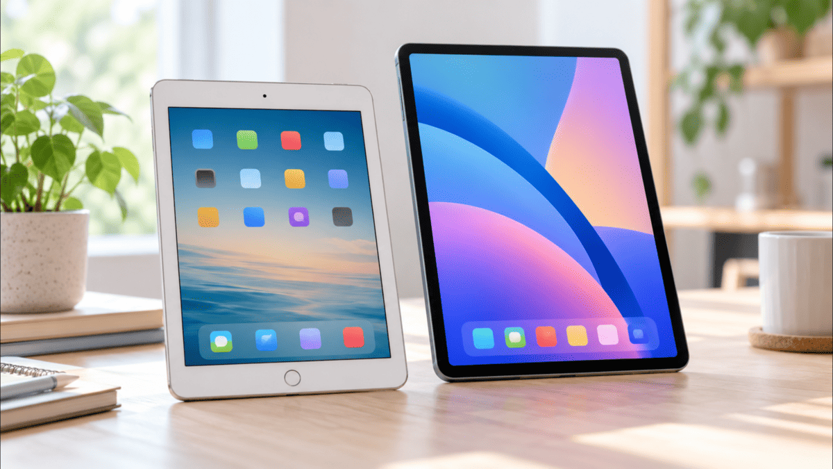 iPad Air 2をイメージした旧型タブレットと新しいiPad Airを並べて買い替えを比較するイメージ