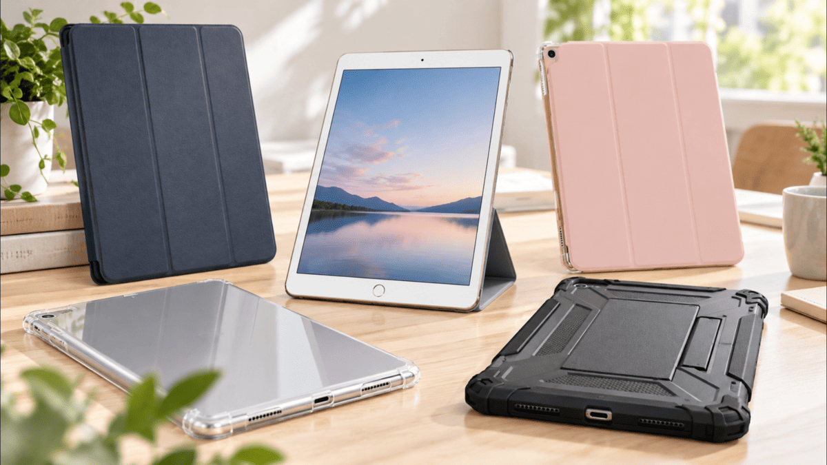 iPad Air第3世代10.5インチ向けケースの選び方をイメージした比較画像。三つ折りカバー、透明ケース、ピンクの手帳型ケース、黒い耐衝撃ケースを並べた様子