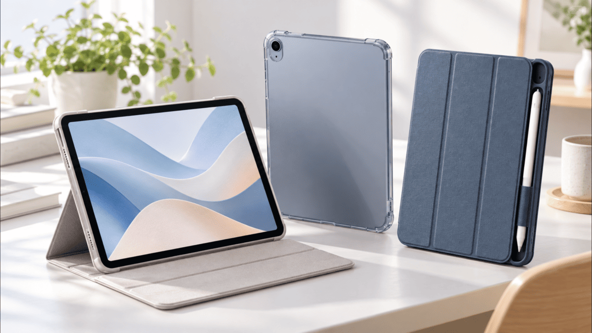 iPad Air第4・第5世代の10.9インチ用ケースを比較したイメージ。スタンド付き手帳型ケース、透明保護ケース、ペン収納付きケースを並べた様子