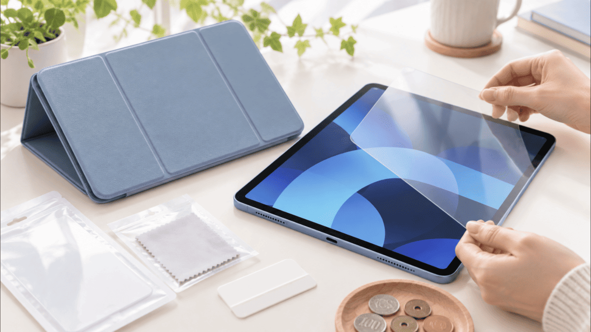iPad Air 第5世代に保護フィルムを貼り、100均ケースと比較しているイメージ