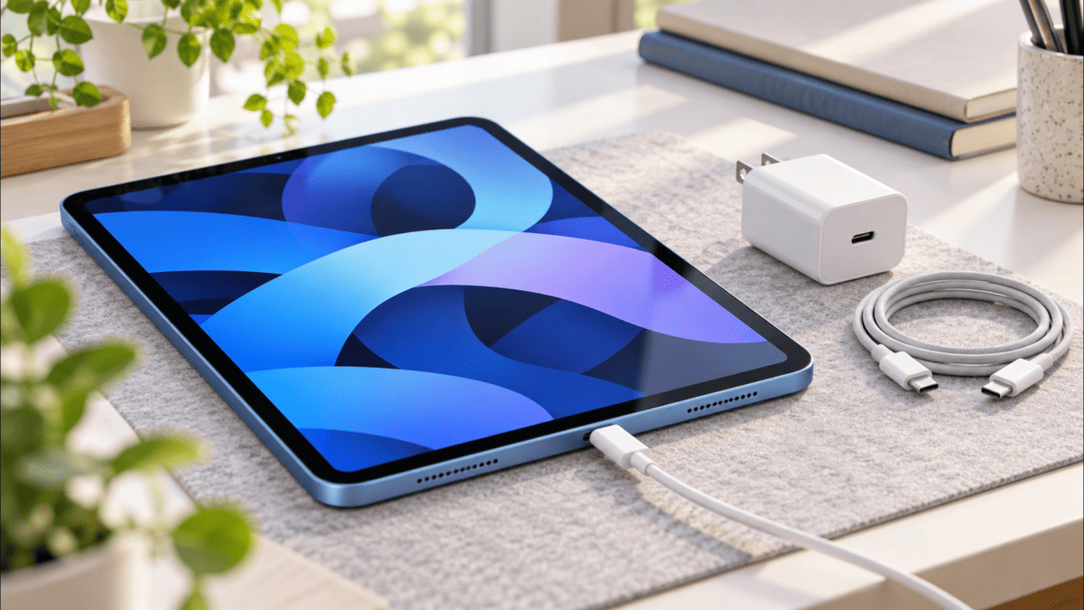 iPad Air 第5世代をUSB-Cケーブルで充電し、USB-C充電器とケーブルを並べた様子