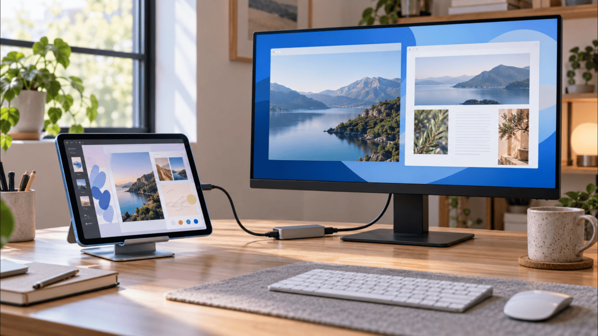 iPad Air 第5世代をUSB-Cハブ経由で外部ディスプレイに接続しているデスク環境