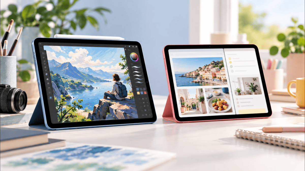 iPad Air第5世代とiPad第10世代を並べて画面や用途の違いを比較したイメージ