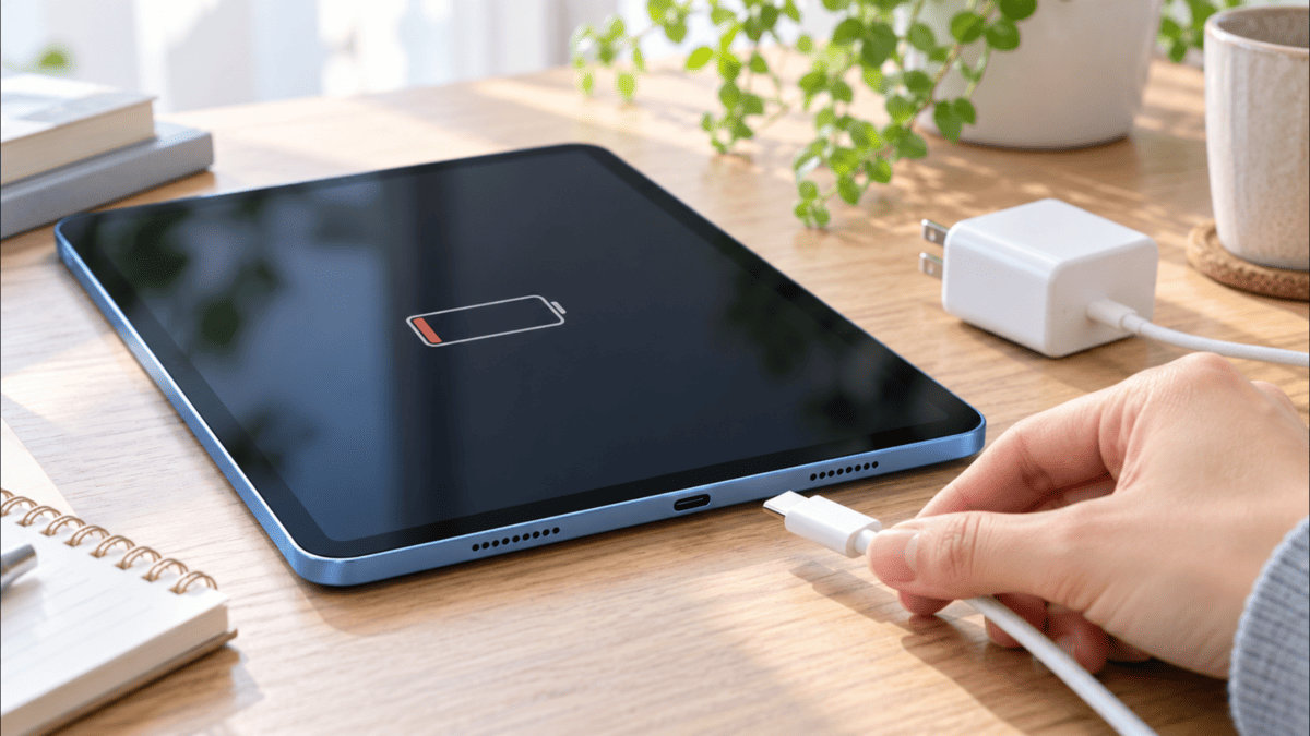 iPad Air 第5世代が充電できない状態でUSB-Cケーブルを接続しようとしている様子
