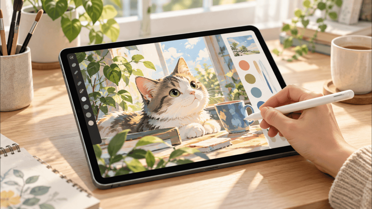 iPad Air 第5世代でペンを使いデジタルイラストを描いている様子