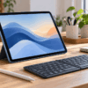 iPad Air 第5世代をスタンドに置き、キーボードとスタイラスペンを組み合わせて使用しているデスク環境