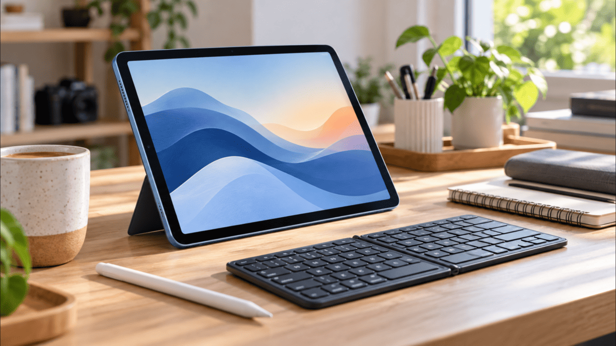 iPad Air 第5世代をスタンドに置き、キーボードとスタイラスペンを組み合わせて使用しているデスク環境