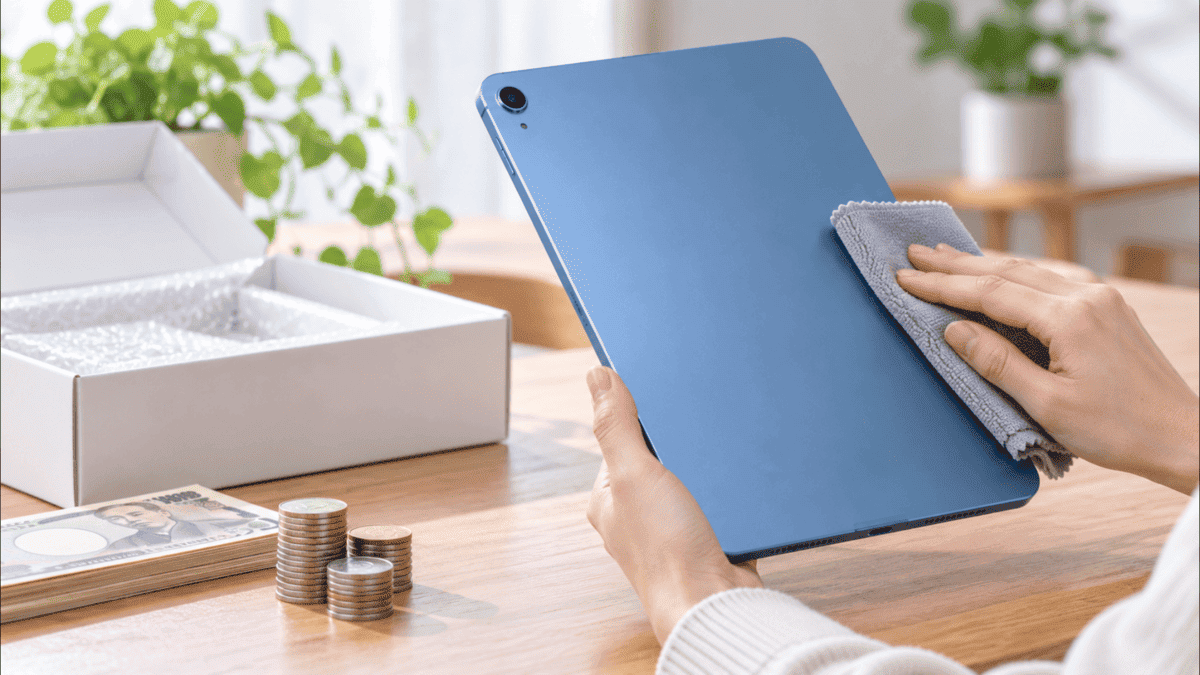 iPad Air 第5世代の買取査定前に本体をクロスで清掃している様子