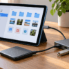 iPad Air 第5世代にUSB-Cハブを接続し、外付けSSDとUSBメモリを使用している様子