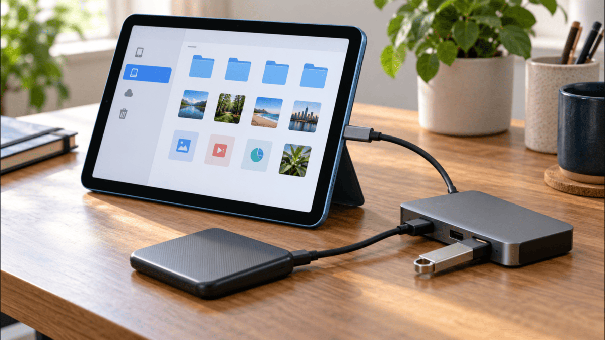 iPad Air 第5世代にUSB-Cハブを接続し、外付けSSDとUSBメモリを使用している様子