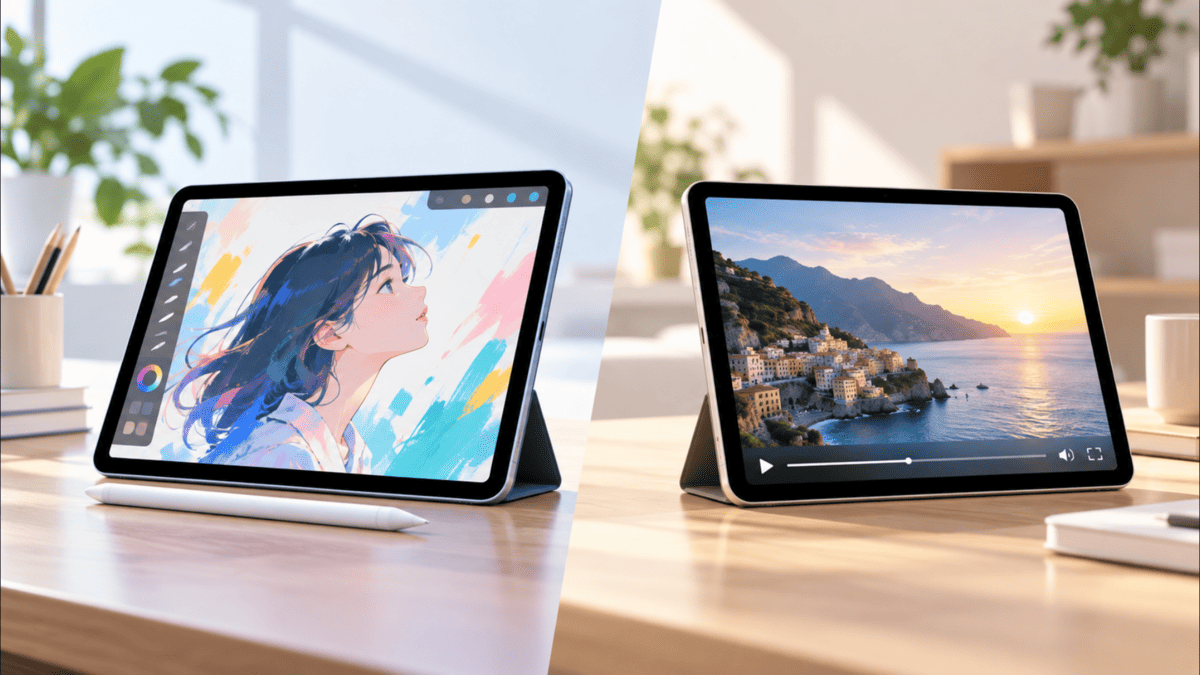 iPad Air 第5世代とiPad(A16)を並べ、イラスト制作と動画視聴の用途を比較したイメージ
