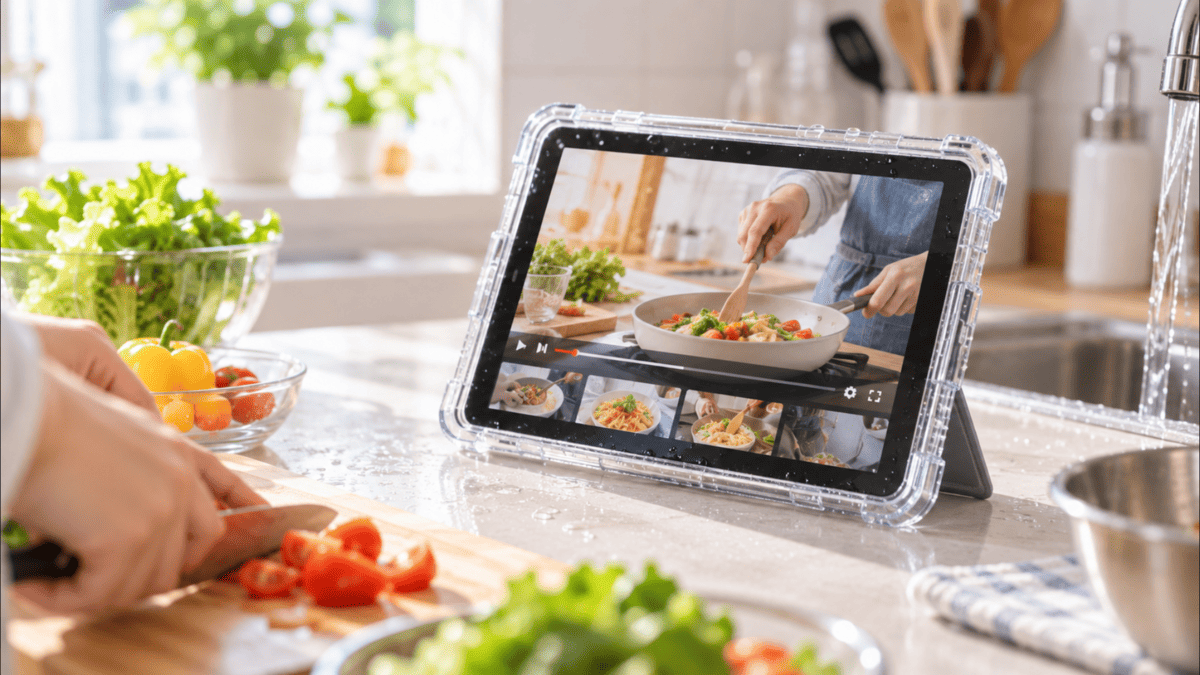 防水ケースを装着したiPad Air 第5世代をキッチンで料理動画を見ながら使用しているイメージ