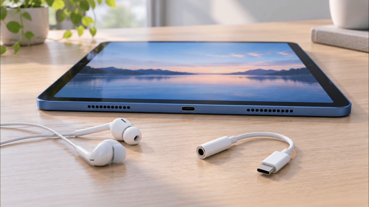 iPad Air 第5世代と有線イヤホン、USB-Cから3.5mmイヤホンジャックへの変換アダプタ