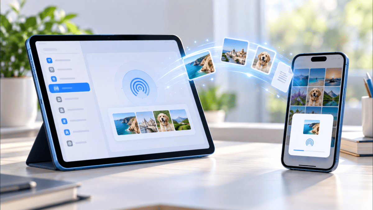 iPad AirとiPhoneの間でAirDropを使って写真やファイルをワイヤレス転送しているイメージ