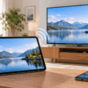 iPad Airの画面をAirPlayでテレビへワイヤレスミラーリングしているイメージ