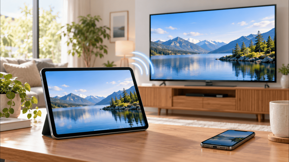 iPad Airの画面をAirPlayでテレビへワイヤレスミラーリングしているイメージ
