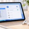 iPad AirのBluetooth設定画面とAirPodsをイメージしたワイヤレスイヤホンを並べた様子
