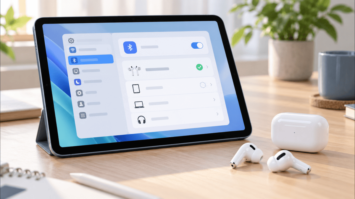 iPad AirのBluetooth設定画面とAirPodsをイメージしたワイヤレスイヤホンを並べた様子