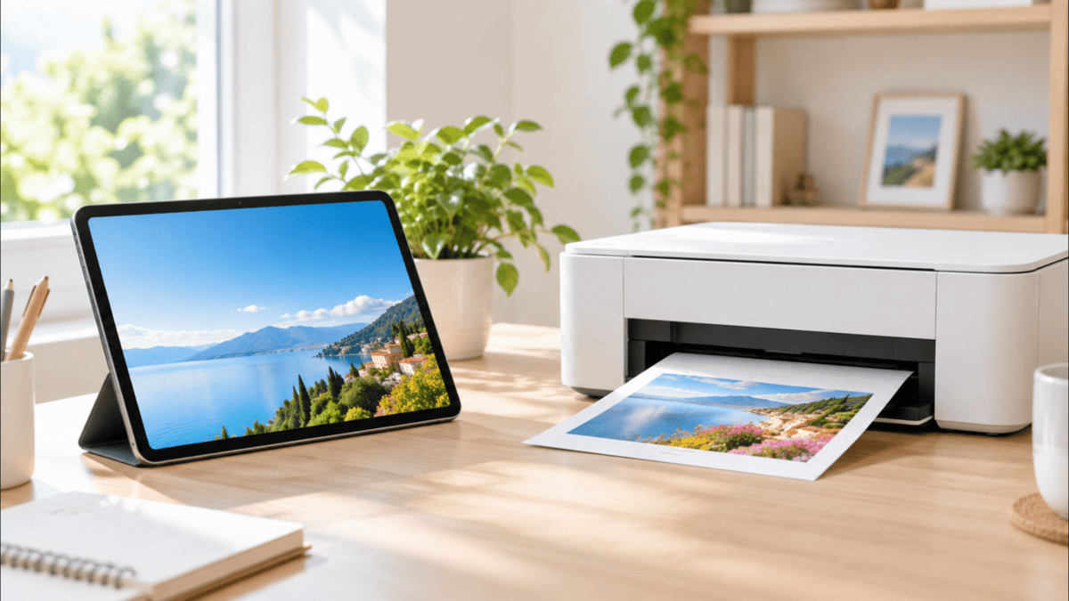 iPad AirからAirPrint対応プリンターで写真を印刷しているイメージ