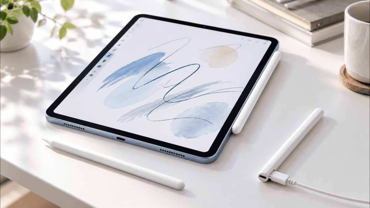 iPad AirとApple Pencilをイメージした複数のスタイラスペンを並べ、対応モデルの違いを比較する様子