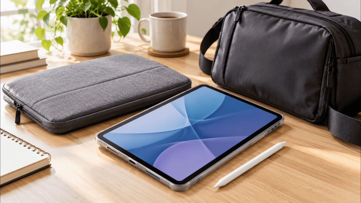 iPad Airと持ち運び用スリーブケース、バッグを並べたイメージ