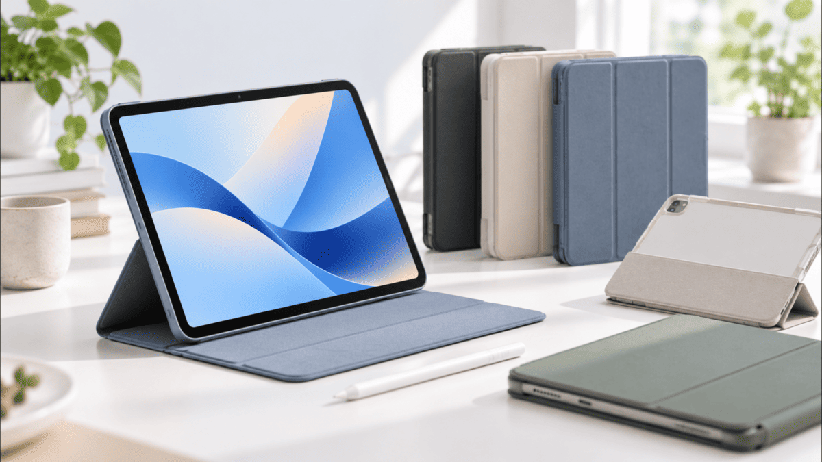 iPad Airをスタンド機能付きケースに装着し、複数のケースやカバーと比較している様子