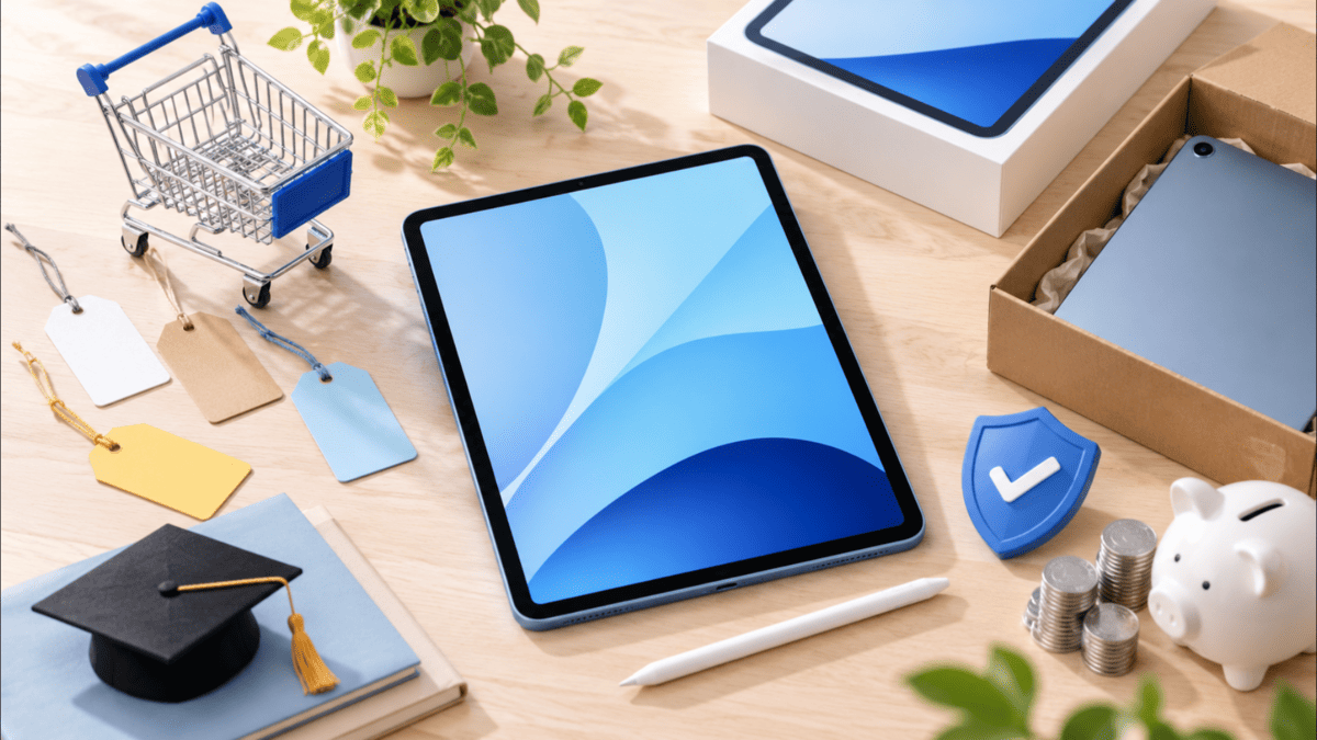 iPad Airを安く買う方法をイメージしたタブレットと買い物カート、値札、保証マーク、貯金箱