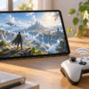 iPad Airをスタンドに置き、ワイヤレスコントローラーでゲームをプレイするイメージ