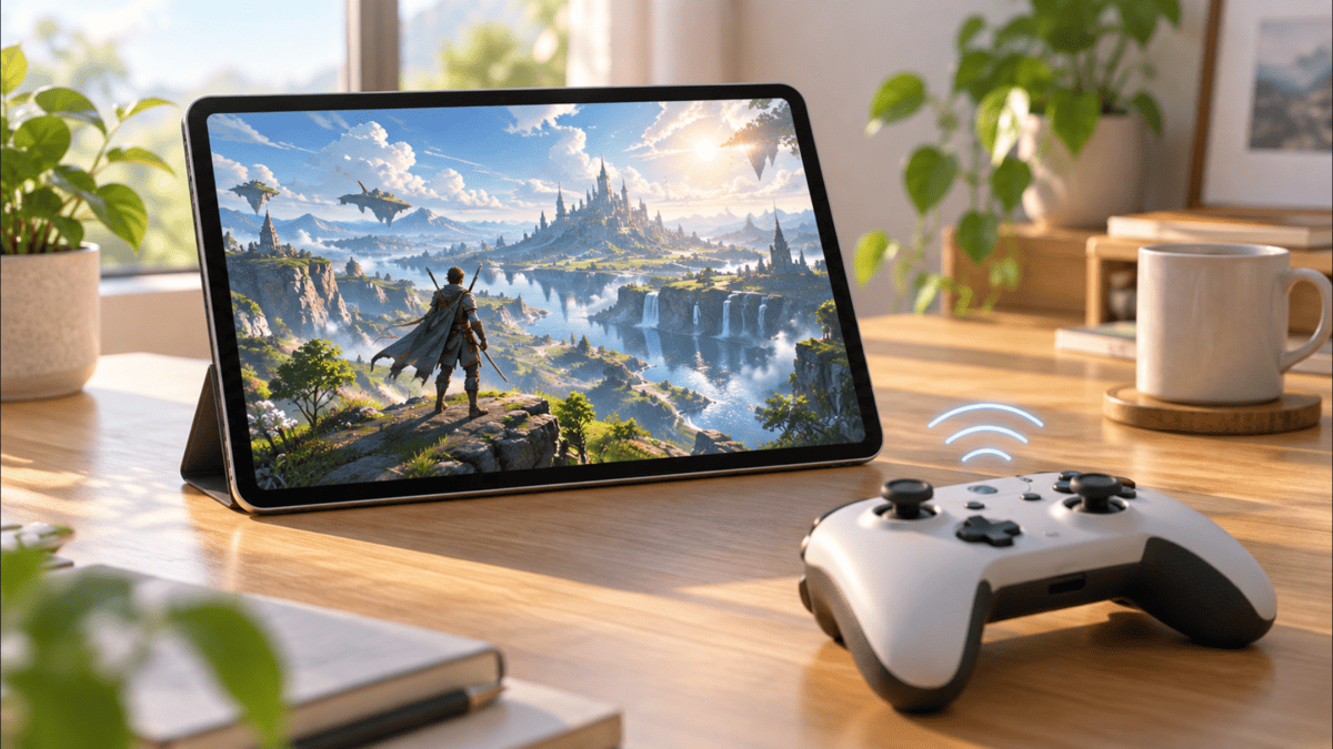 iPad Airをスタンドに置き、ワイヤレスコントローラーでゲームをプレイするイメージ