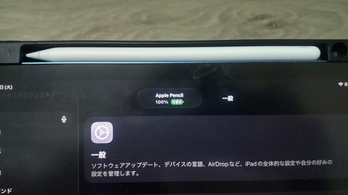 ESRケースにApple Pencilを収納したiPad Airで100％の充電表示を確認している様子