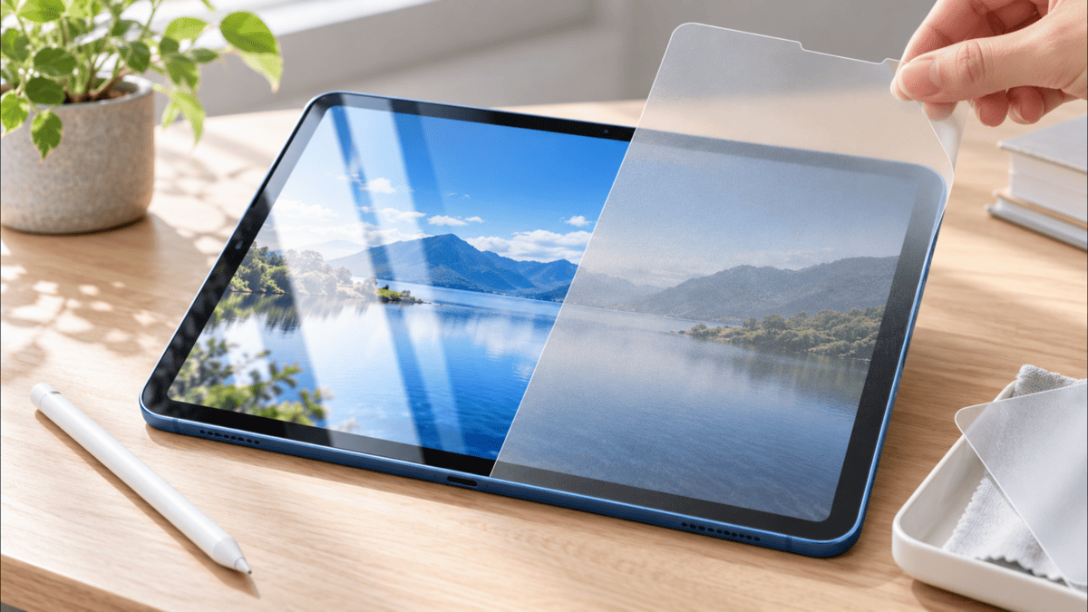 iPad Air用のガラスフィルムとペーパーライクフィルムの見え方を比較している様子