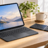 iPad Airにトラックパッド付きキーボードと折りたたみBluetoothキーボードを並べて比較している様子