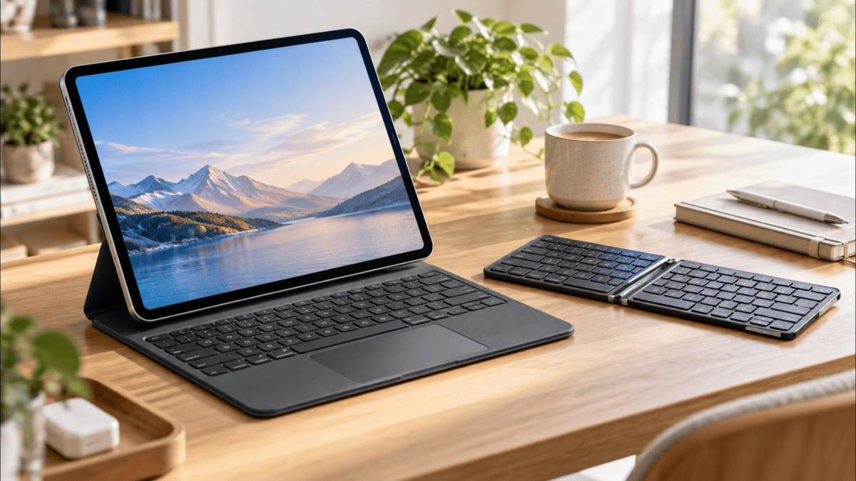 iPad Airにトラックパッド付きキーボードと折りたたみBluetoothキーボードを並べて比較している様子