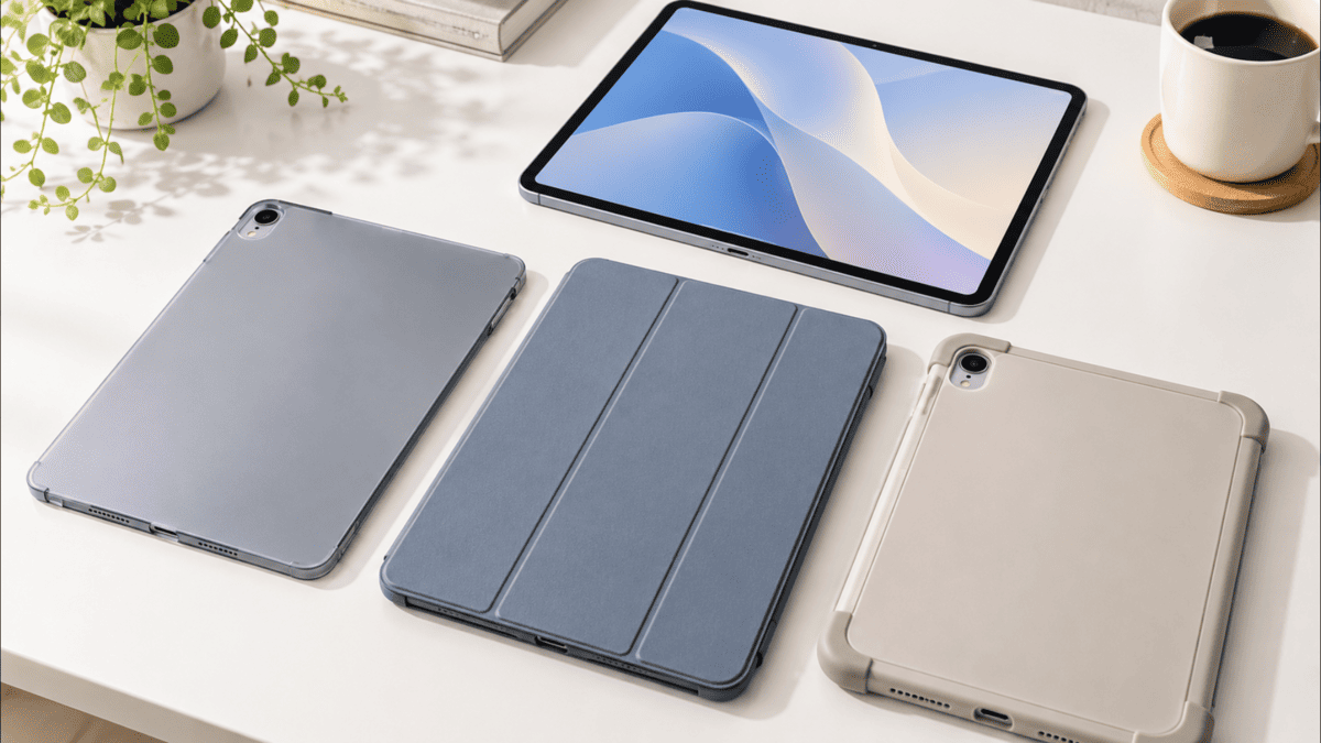 iPad Air用の軽量・薄型ケース3種類を比較。極薄の背面カバー、三つ折りケース、四隅を保護するケースを並べた様子