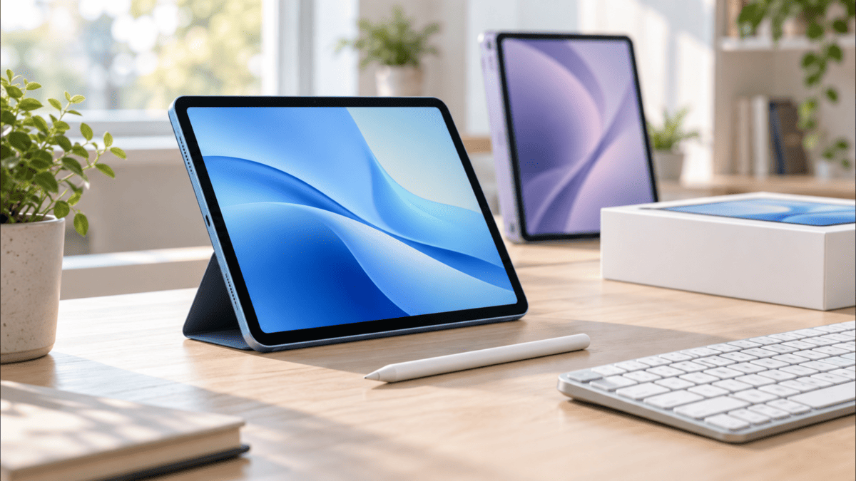 iPad Air M2の中古購入や新旧モデル比較をイメージしたタブレットとキーボード