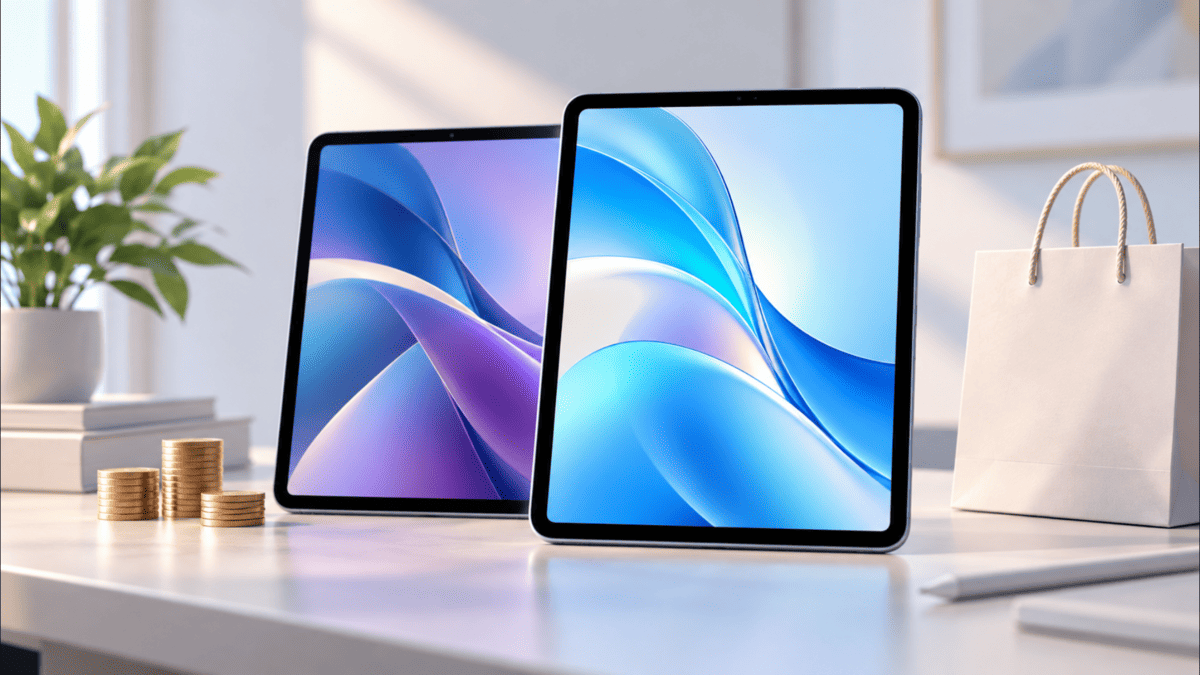 iPad Air M3とM4をイメージした2台のタブレットを価格面から比較する様子