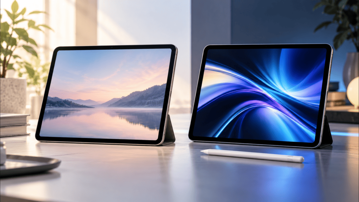iPad Air M3とM4をイメージした2台のタブレットを並べて比較している様子