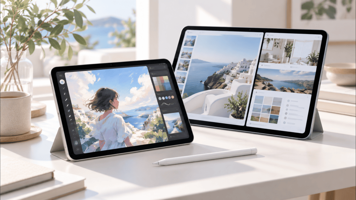 iPad Air M4の11インチと13インチをイメージした2台のタブレットを比較している様子