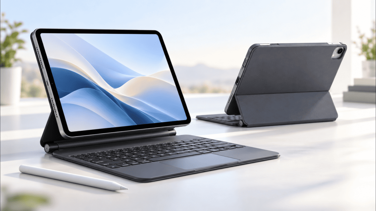 Magic Keyboard対応の保護ケースを装着したiPad Airを、キーボード側と背面側から比較したイメージ