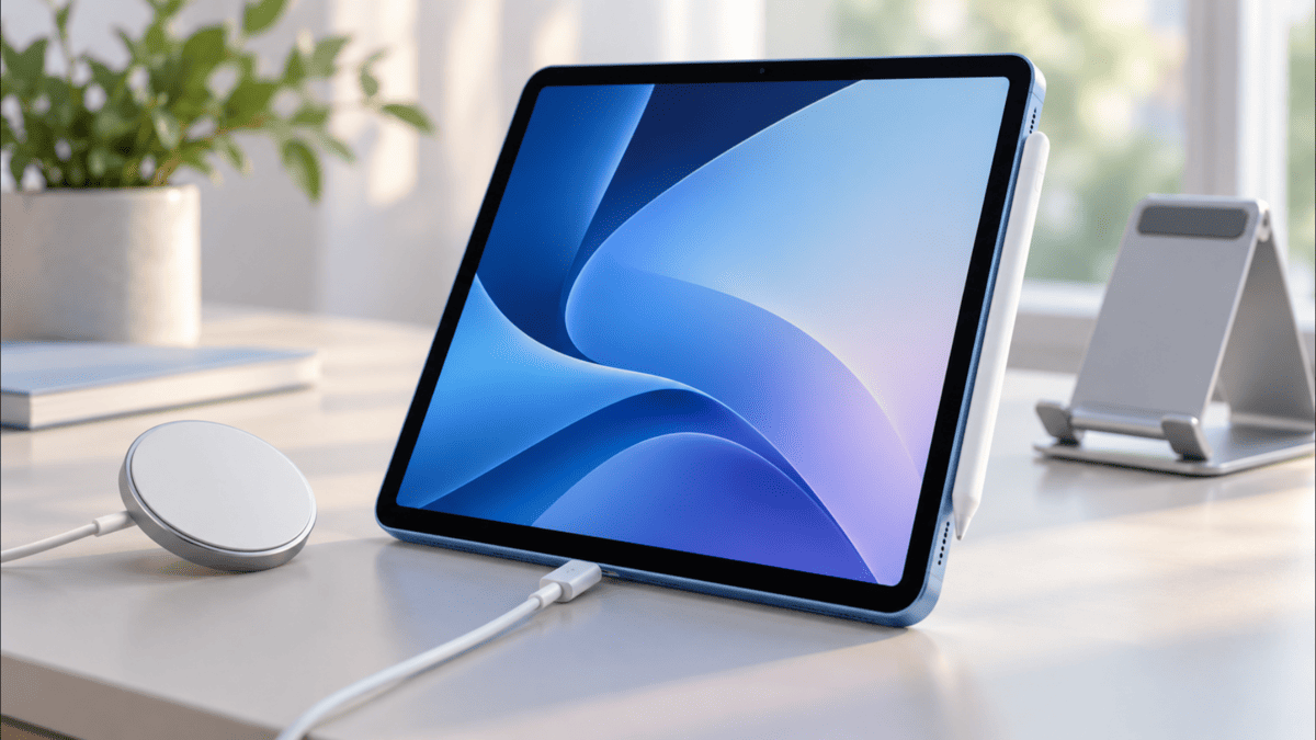 iPad Air風のタブレットをUSB-Cケーブルで充電し、横にワイヤレス充電器を置いた様子