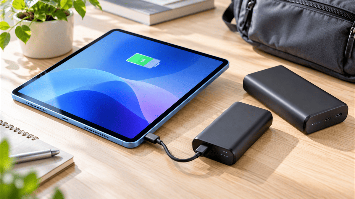 iPad AirをUSB-Cケーブルでモバイルバッテリーから充電している様子