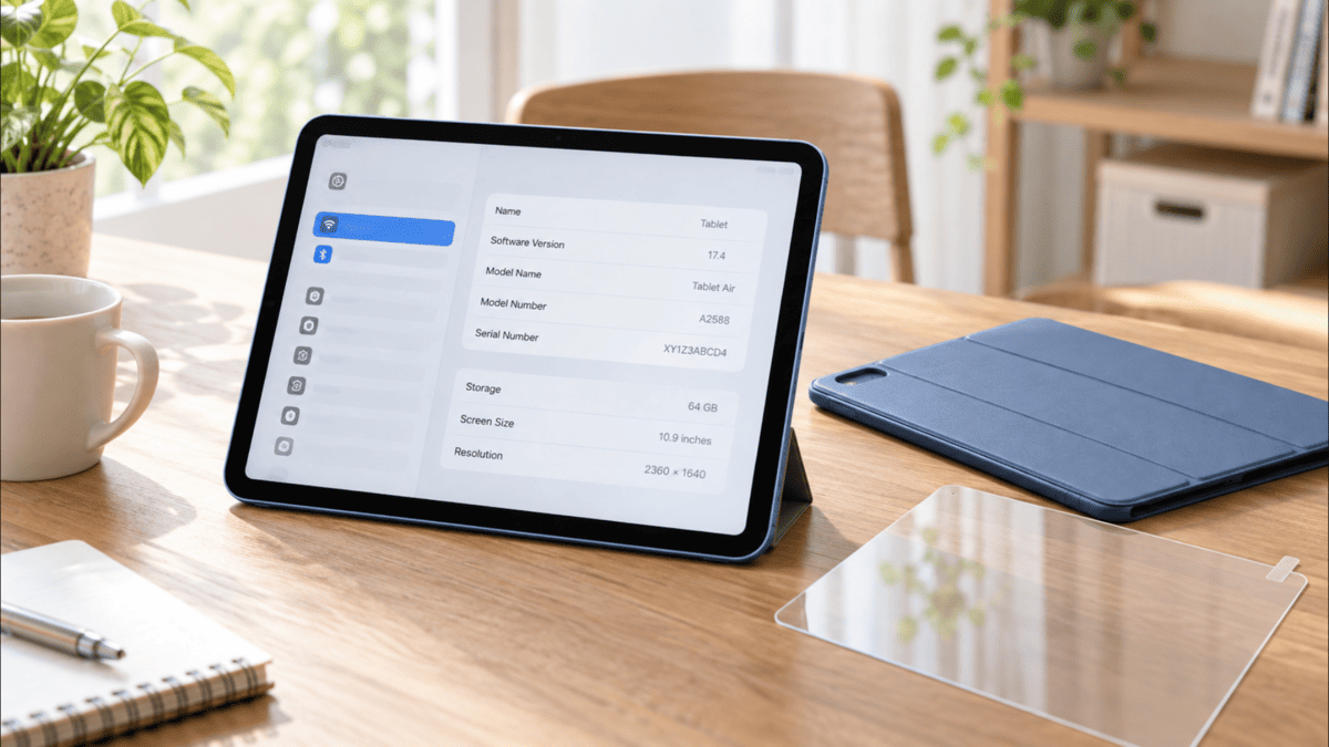 iPad Airの世代やモデル番号を確認する設定画面とケース・保護フィルム
