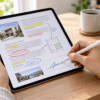 iPad AirでPDF文書を開き、タッチペンで手書きの注釈やマーカーを追加し、署名欄にサインしている様子