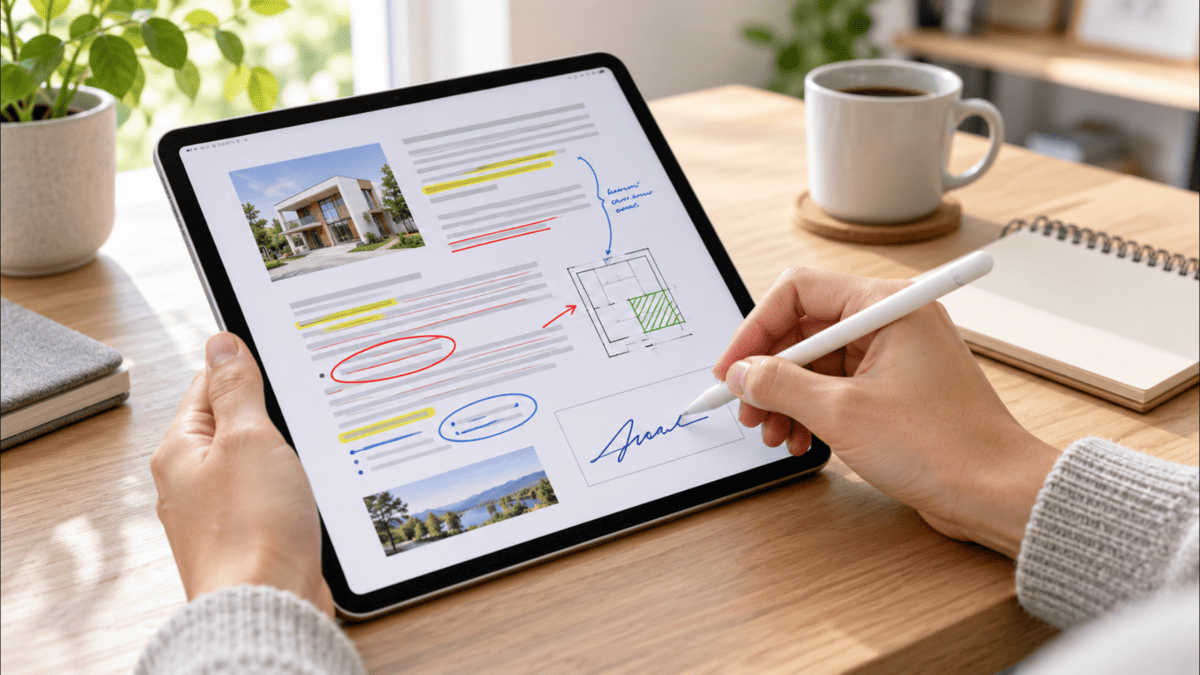 iPad AirでPDF文書を開き、タッチペンで手書きの注釈やマーカーを追加し、署名欄にサインしている様子